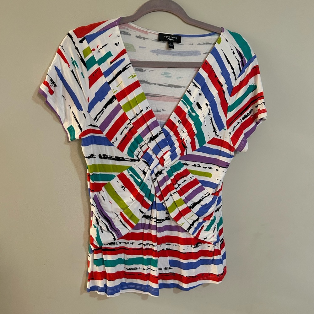 Spense Knits Striped Twisted Front Top Short Sleeve Women’s Size Large